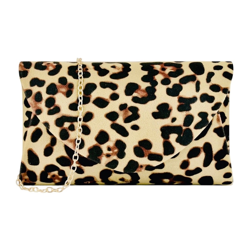 *NWT* Leopard Clutch Women‎ OS Tan New Faux Suede Animal Print Bag
